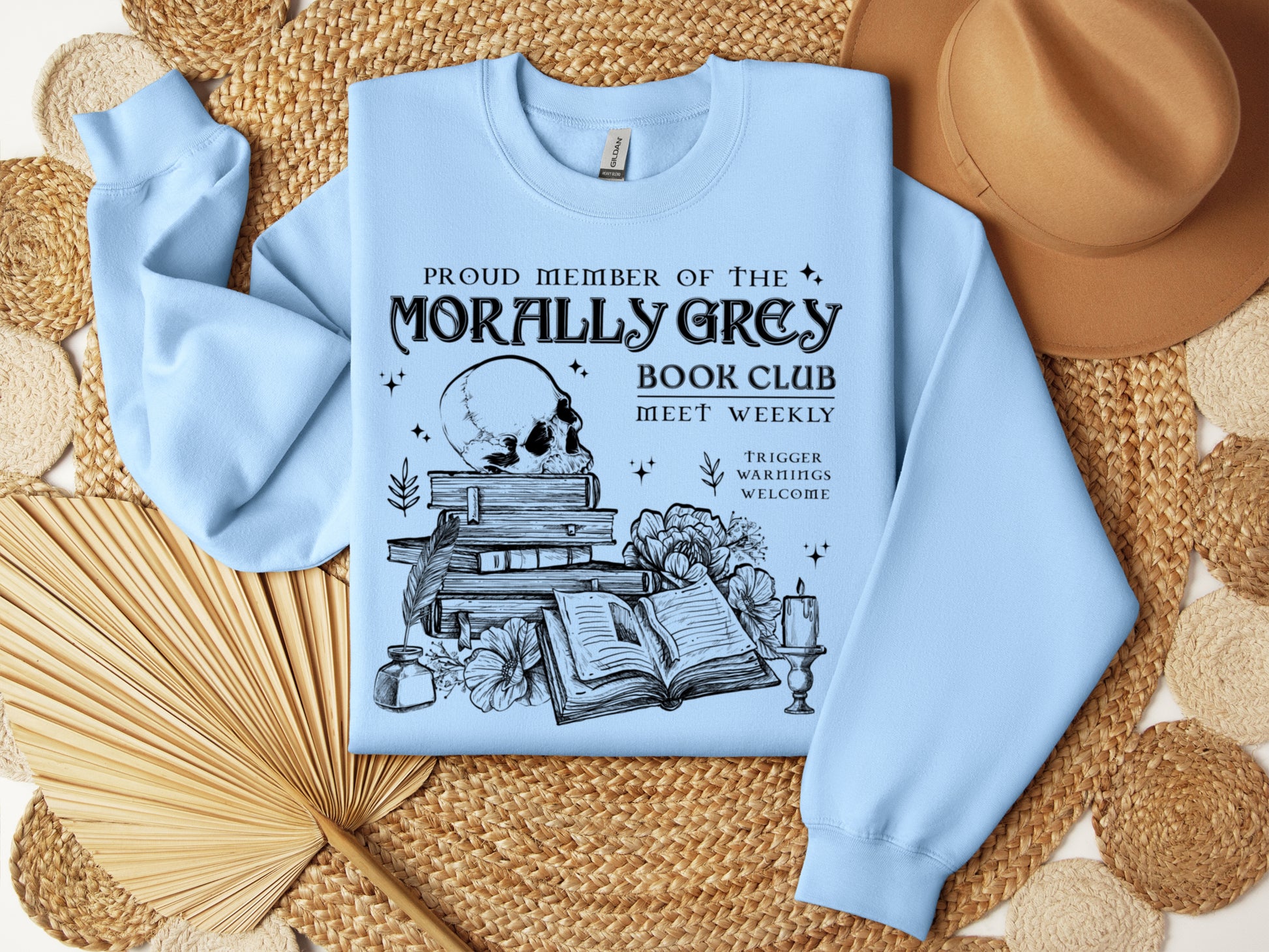 Morally Grey Book Club Sweatshirt blue front 